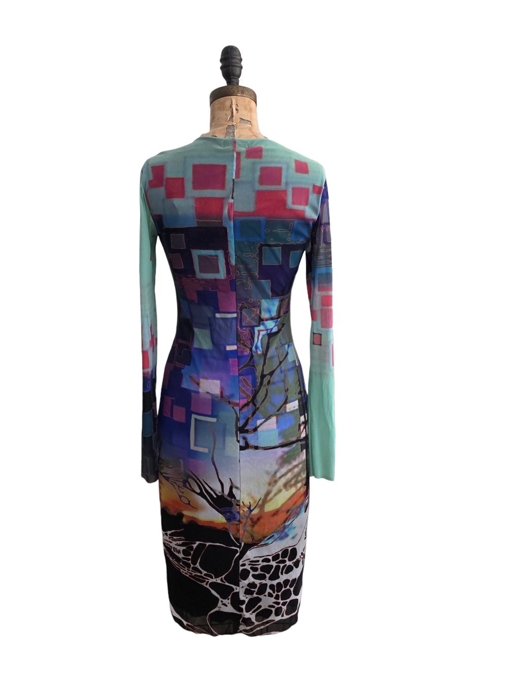 Petit Pois Abstract Landscape Print Long Sleeve Mesh Bodycon Dress M - Picture 3 of 4